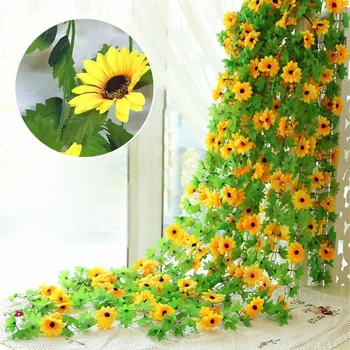2,6 M Kunstige Plastik Solsikker Ivy Vin Falske Blomster med Grønne Blade Hængende Krans til Hjem, Have, Hegn, Bryllup Indretning