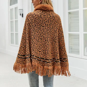 2021 Mode Leopard Print Poncho Lang Bawting Ærmer Sjal Strikket Uden Kvinder Coat