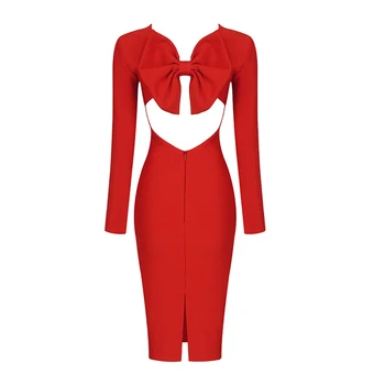 2021 Nye Efteråret Kvinder Sexy O-hals Lange Ærmer Hule Ryg Bue Bodycon Bandage Dress Elegante Red Club Party Dress Vestidos