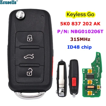 4-knappen Keyless-go Remote Key Fob 315MHz ID48 Chip 5K0 837 202 AK for VW-Volkswagen Passat CC Beetle Jetta Golf P/N NBG010206T