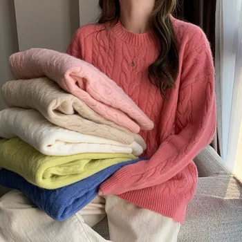 6Candy Farver 2021 Efterår og Vinter Vintage Twist Sweater Kvinder er Grundlæggende Trøjer og Pullovers Kvindelige Blød Varm Outwear Toppe(A877)