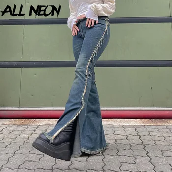 ALLNeon Y2K Æstetik Vintage Split Lav Stigning Jeans 2000'erne Streetwear Retro Kvast Trim Nødlidende Denim Flare Pants i Fuld Længde