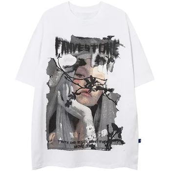 Aolamegs Harajuku Pige Brev Graffiti Trykt T-shirt Mænd O-Hals Bomuld Streetwear Par Casual Mode Løse Toppe, t-Shirts Sommer