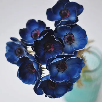 Blå Anemoner Naturlige Rigtige Touch Blomster med Enkelt skaft for Silke Bryllup Brude Buketter, Centerpieces, Dekorative Blomster, Kage D