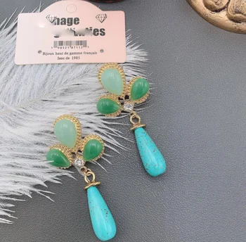Europ antikke turkis øreringe til kvinder grøn blomst dråber pandant vintage court Luksus banket øre smykker