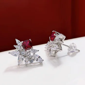 GICA 925 Sterling Sølv 5*5 mm, Ruby High Carbon Diamant Blomst Stud Øreringe Til Kvinder, Mousserende Bryllup Fine Smykker Gave
