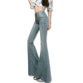 Gratis Forsendelse 2021 Nye Mode Flare Lange bukser Til Høje Kvinder Foråret Breasted Denim Boot Cut Jeans Plus Size Bukser 25-32