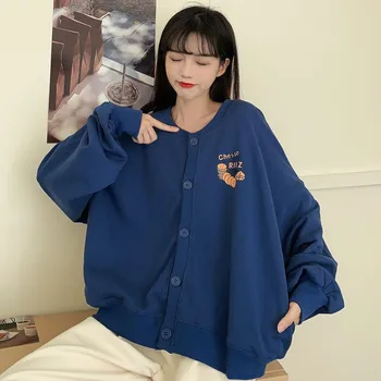 Harajuku Trykt Lange Ærmer Japansk Jakke 2021 Foråret Nye Koreanske Mode Casual Løs Bomuld Cardigan Shirt I Baseball Uniform
