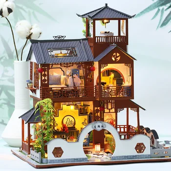 Kinesisk Bygning DIY Træ Dukkehus Kits Miniature med Tilbehør Stor Villa Doll House Casa Samlet Legetøj for Voksne Gaver