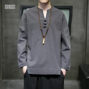 Kinesisk Stil Bomuld Med V-Hals Langærmet T-Shirt Plus Size Løs Retro Top Mænd Tøj Traditionelle Kostume Tang Passer Hanfu