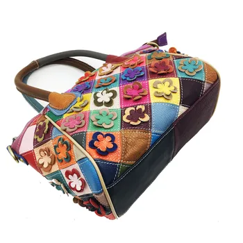 Ko Læder Multi-farve Blomstrede Håndtaske Dame Klassisk Saffiano Form Ægte Læder Tilfældig Patchwork Messenger Taske til Kvinder