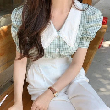 Koreanere Løse Kvinder Toppe om Sommeren Retro Dukke Krave Bluse Puff Korte Ærmer Vintage Plaid Single-breasted Shirt Kvindelige Blusa 14793
