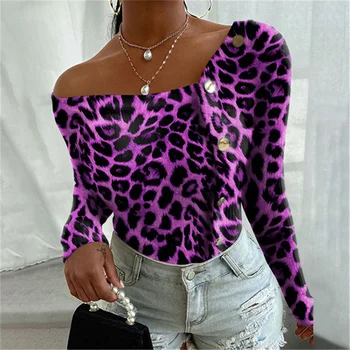 Kvinder 2021 Efteråret Toppe med Lange Ærmer Leopard Skjorte Slim Tøj Til Kvinder, Damer Sexet Ét Ord Krave Fra Skulder t-Shirts
