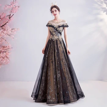 Luksus barok sort gyldne rokoko bolden kjole lang kjole vintage middelalder Renæssance kjole prinsesse Victoria kjole
