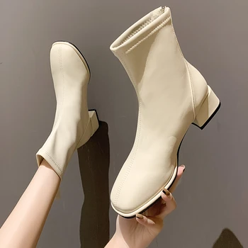 Mode Korte Støvler dame Støvler Efteråret 2020 Nye Vilde Firkantet Tå Tyk Hæl Midten Hæl Britiske Chelsea Støvler