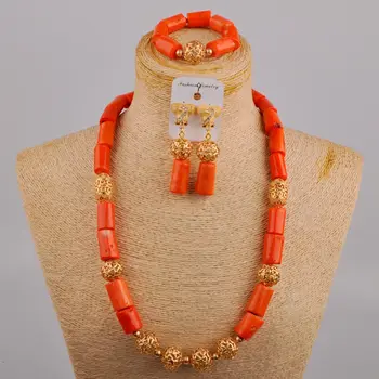 Nyt Produkt Afrikansk Bryllup Fremme Orange Naturlige Koral Halskæde Nigerianske Bride Bryllup Smykker Sæt AU-553