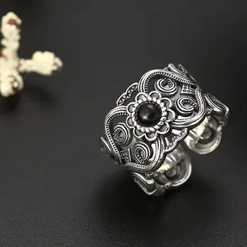Oprindelige hule mønster åben ring designer håndværk Sort Agat Sten elegant charm Thai sølv kvinders smykker
