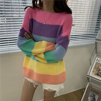Rainbow Stribet Strikket Sweater Kvinder Vintage Farverige Jumpere, Strik Casual Løs Trøjer Med Lange Ærmer Elegante 2021 M009