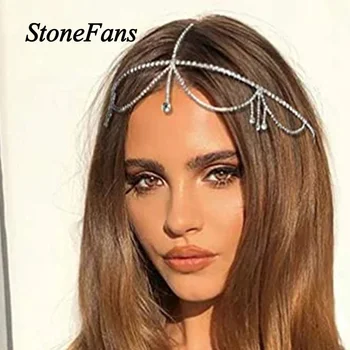 Stonefans Boheme Rhinestone Hoved Kæde Panden Smykker, Bruden til Kvinder Enkel Crystal Kvast Kæde Hovedbøjle Hovedklæde Bryllup