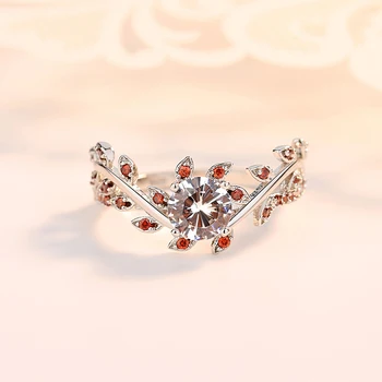 Sølv Farve Nyt Blomst Bougainvillea Mahogni Design Dame Zircon Ring Crystal Zircon Orange Farve Ring Kvinde Gave