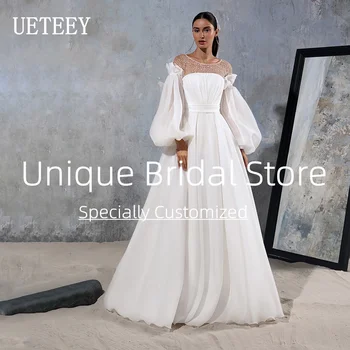 UETEEY A-Line Wedding Dress O-Hals Læg Lang Puff Ærmer Sweep Train Plus Size snøre Tilbage Bryllup Operationskitler 2022