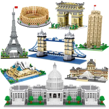 Verdens Berømte Arkitektur Diamant Louvre-Museet i London Eiffel Tower Bridge Model byggesten Colosseum Micro Mursten DIY Legetøj