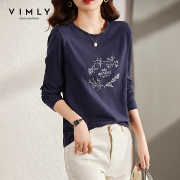 VIMLY Bund T-shirt til Kvinder Foråret Efteråret 2021 Ins koreanske Trykt Lange Ærmer O-hals Løse Toppe Kvindelige Navy t-shirts F8979