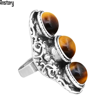 Vintage Naturlige Lapis Tiger Eye Kvarts Ringe Til Kvinder, Antik Sølv, Forgyldt Tre Sten Justerbar Mode Ring TR751