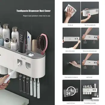 Wall-Monteret Tandbørsteholder Magnetiske Dobbelt Automatisk Tandpasta Squeezer Dispenser Storage Rack Badeværelse Tilbehør