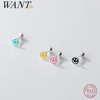 WANTME 925 Sterling Sølv, Emalje Rund Heldig Smil Stud Øreringe til Kvinder Mode Simple koreanske Udtryk Piercing Smykker