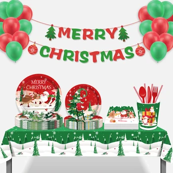Xmas Party Christmas Tree Santa Claus engangsservice Sæt Papir Plader, Kopper, Servietter af Xmas Party Favors Dekorationer