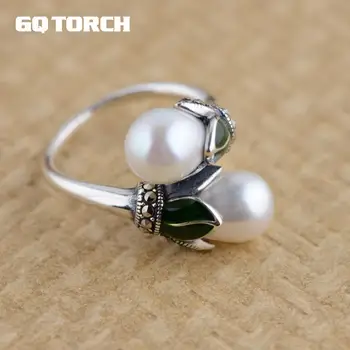 Ægte 925 Sterling Sølv Ringe For Kvinder Dobbelt Naturlige Ferskvands Perler Tværsnit Med Blomst Skåret Vintage-Stil