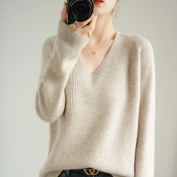 Высококачественный осенне-зимний свитер из кашемира женская Свободная трикотажная одежда большого размера с v-образным выре